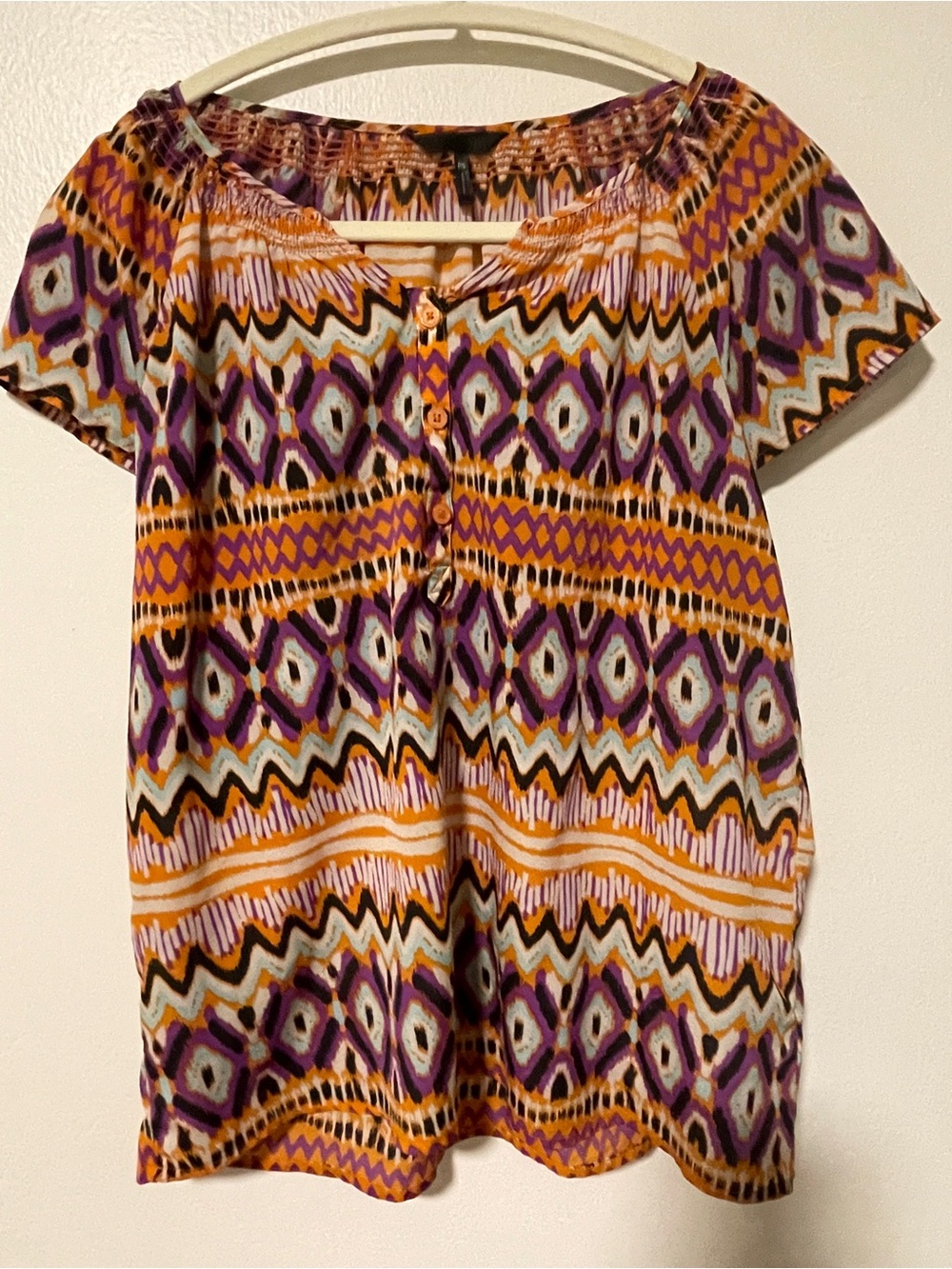 Women’s Vibrant Geometric Print Blouse Cap Sleeve V Neck Bohemian Artsy petite